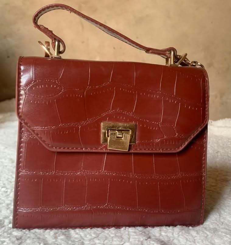 Brown croc-effect top-handle satchel