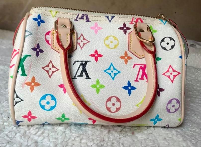 White multicolour print barrel bag
