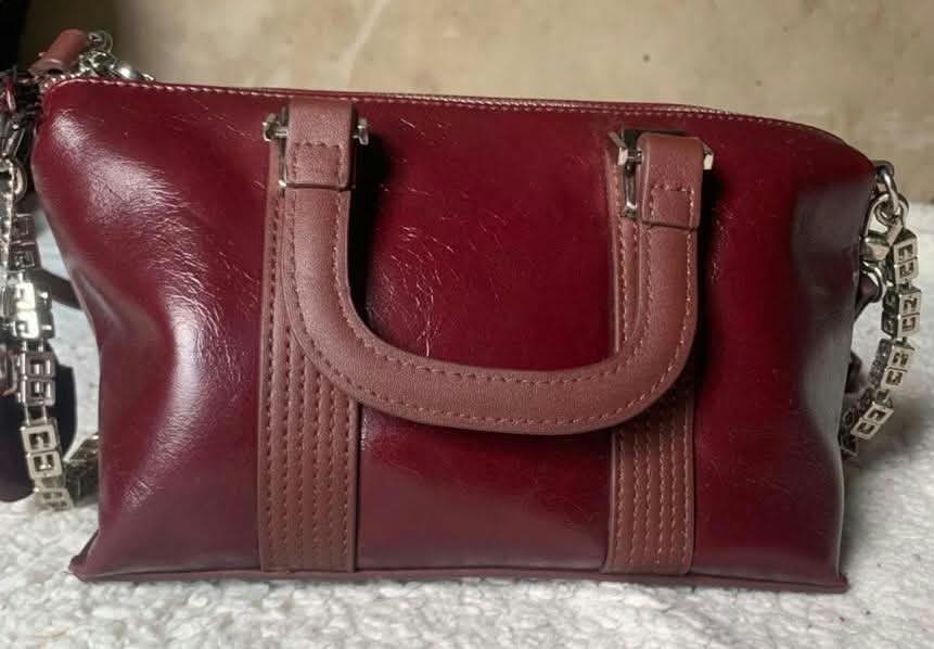 Burgundy patent top-handle bag