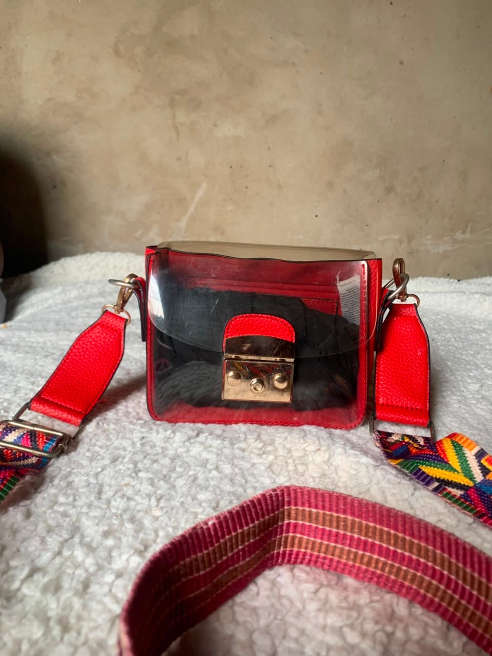 Clear red mini crossbody with woven strap