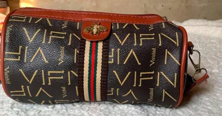 Brown print barrel crossbody