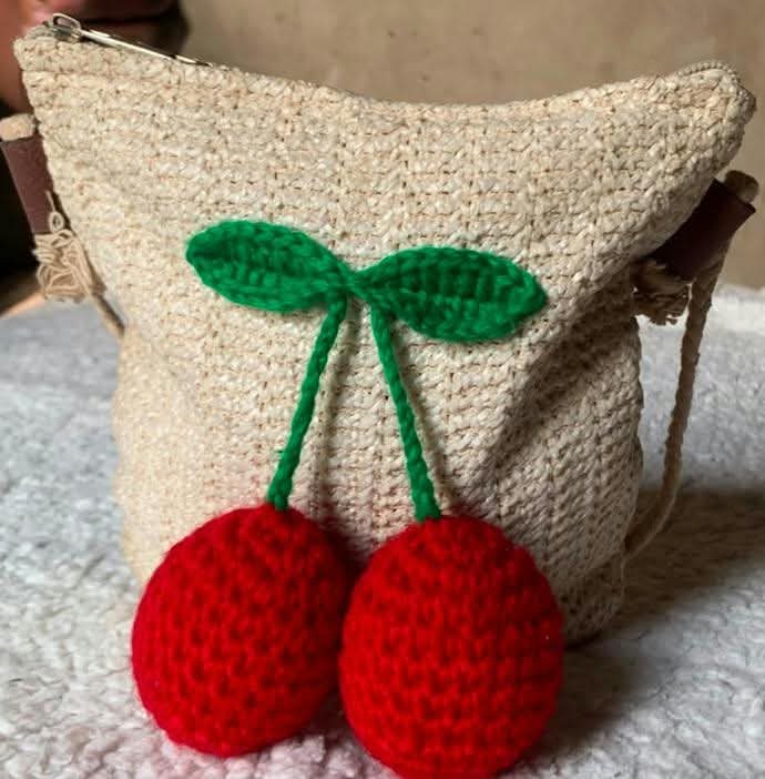 Crochet cherry bucket bag